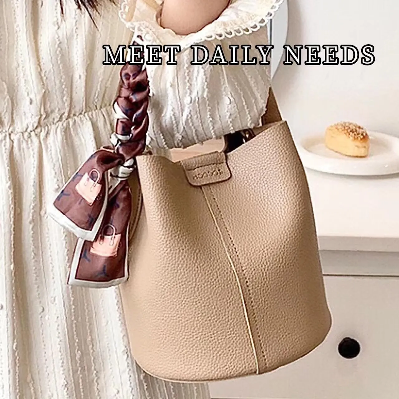 Cute Macaroon Bucket Bag for Women Faux Leather Crossbody Bag Small Purse Handbag Shoulder Bag Silk Ribbon Woven Handle