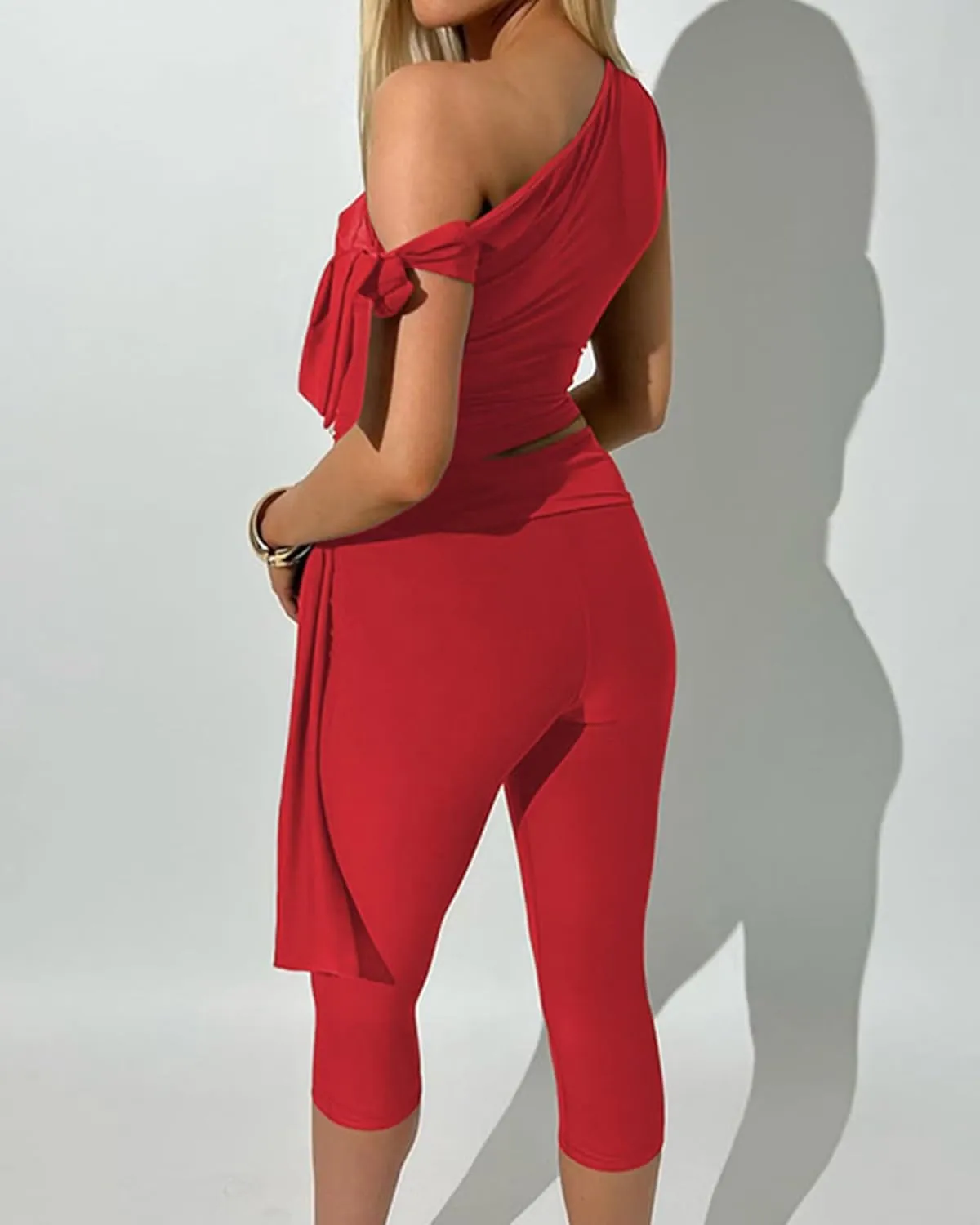 CXXQ Sexy 2 Piece Outfits Off Shoulder Self Tie Crop Tops and Capri Legging Set Tracksuits Clubwear