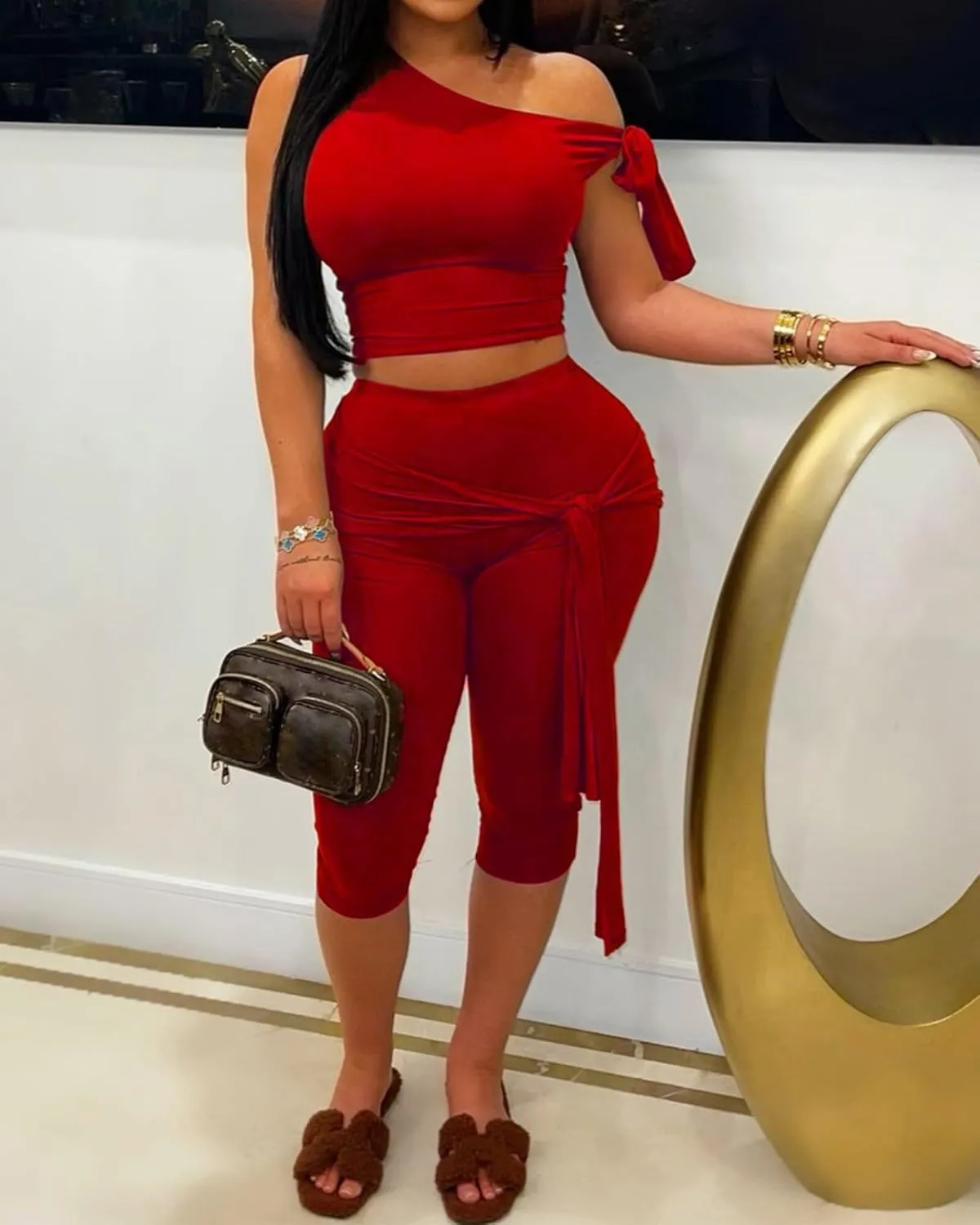 CXXQ Sexy 2 Piece Outfits Off Shoulder Self Tie Crop Tops and Capri Legging Set Tracksuits Clubwear