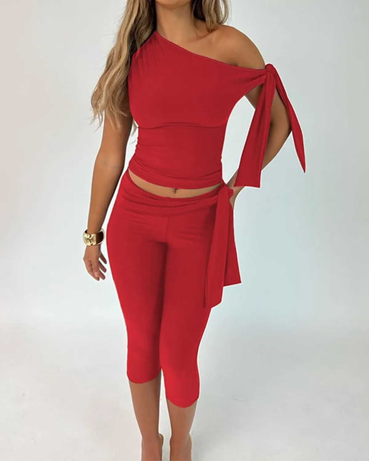 CXXQ Sexy 2 Piece Outfits Off Shoulder Self Tie Crop Tops and Capri Legging Set Tracksuits Clubwear