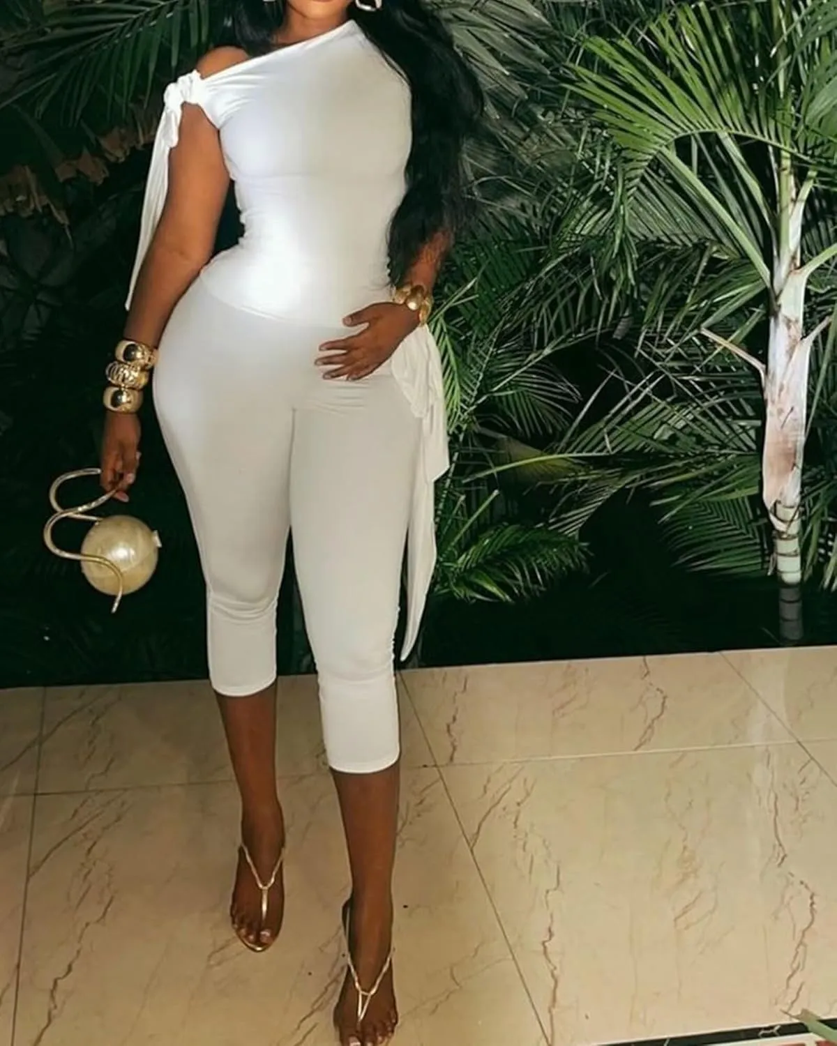 CXXQ Sexy 2 Piece Outfits Off Shoulder Self Tie Crop Tops and Capri Legging Set Tracksuits Clubwear