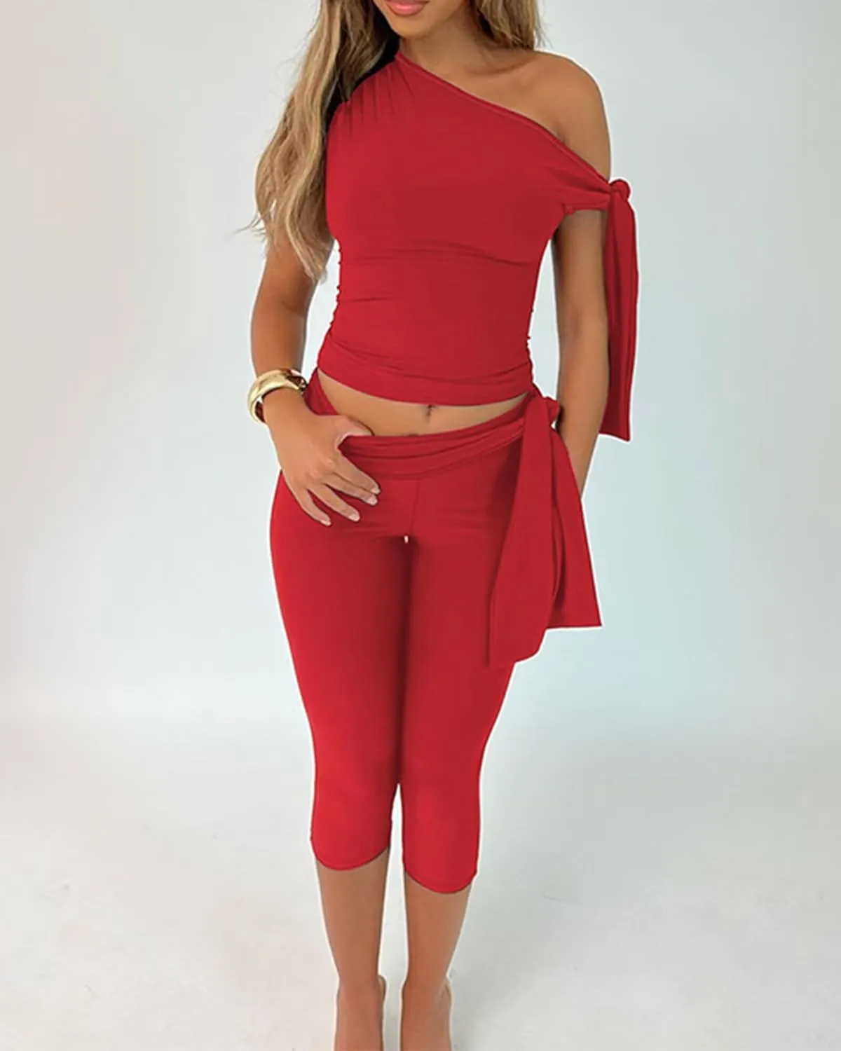 CXXQ Sexy 2 Piece Outfits Off Shoulder Self Tie Crop Tops and Capri Legging Set Tracksuits Clubwear