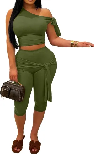 CXXQ Sexy 2 Piece Outfits Off Shoulder Self Tie Crop Tops and Capri Legging Set Tracksuits Clubwear