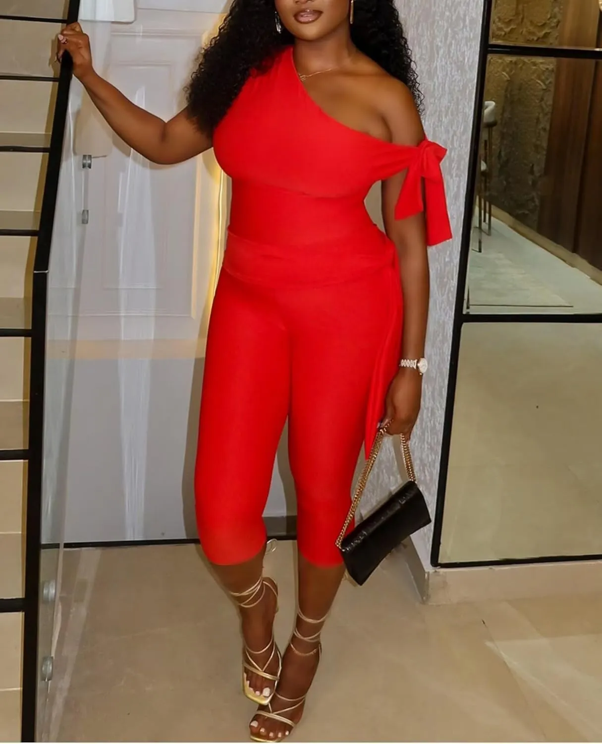 CXXQ Sexy 2 Piece Outfits Off Shoulder Self Tie Crop Tops and Capri Legging Set Tracksuits Clubwear