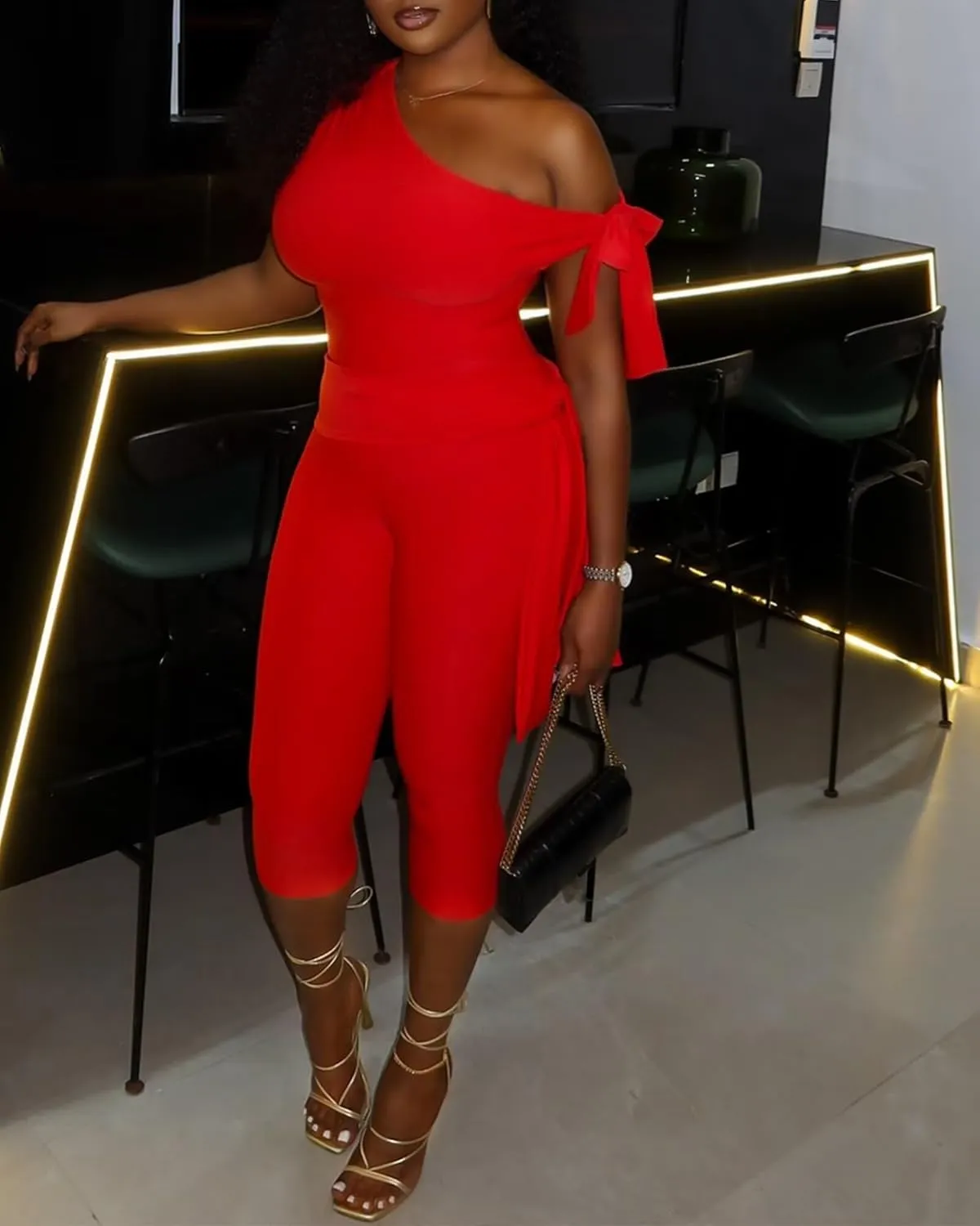 CXXQ Sexy 2 Piece Outfits Off Shoulder Self Tie Crop Tops and Capri Legging Set Tracksuits Clubwear