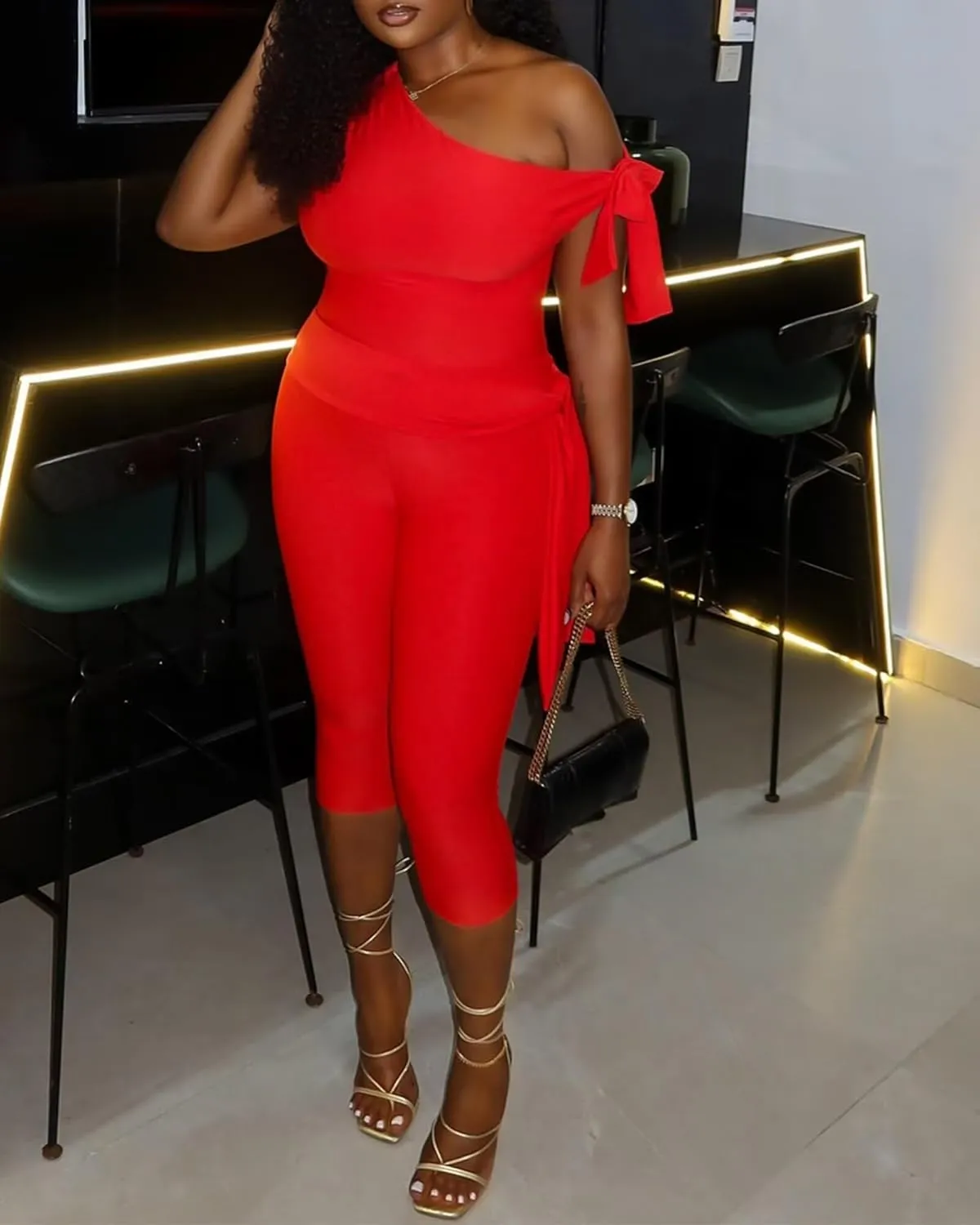 CXXQ Sexy 2 Piece Outfits Off Shoulder Self Tie Crop Tops and Capri Legging Set Tracksuits Clubwear