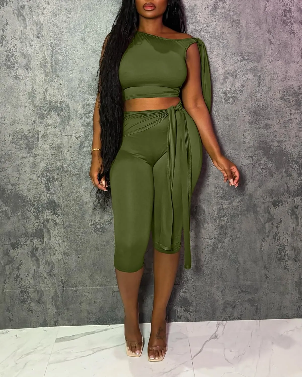 CXXQ Sexy 2 Piece Outfits Off Shoulder Self Tie Crop Tops and Capri Legging Set Tracksuits Clubwear