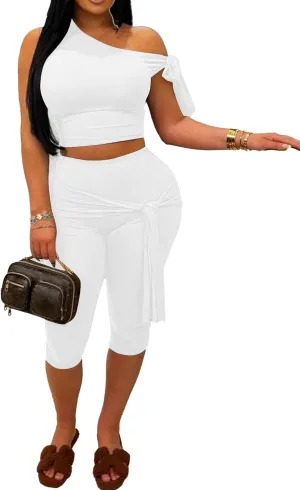 CXXQ Sexy 2 Piece Outfits Off Shoulder Self Tie Crop Tops and Capri Legging Set Tracksuits Clubwear