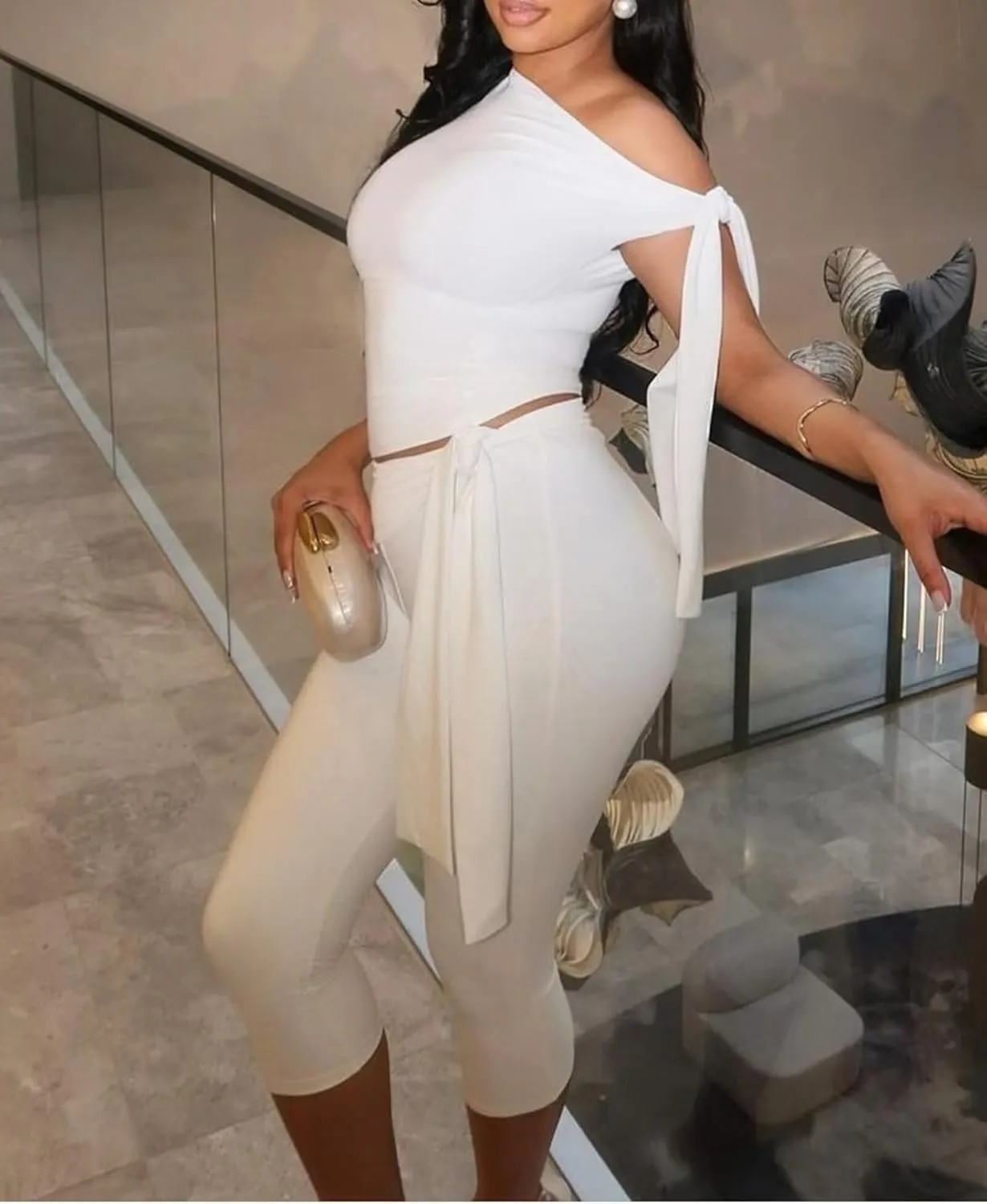 CXXQ Sexy 2 Piece Outfits Off Shoulder Self Tie Crop Tops and Capri Legging Set Tracksuits Clubwear