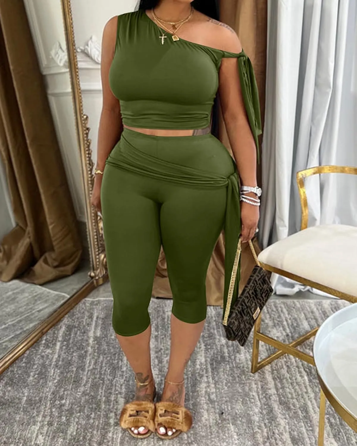 CXXQ Sexy 2 Piece Outfits Off Shoulder Self Tie Crop Tops and Capri Legging Set Tracksuits Clubwear