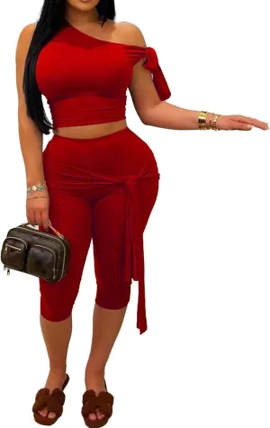 CXXQ Sexy 2 Piece Outfits Off Shoulder Self Tie Crop Tops and Capri Legging Set Tracksuits Clubwear