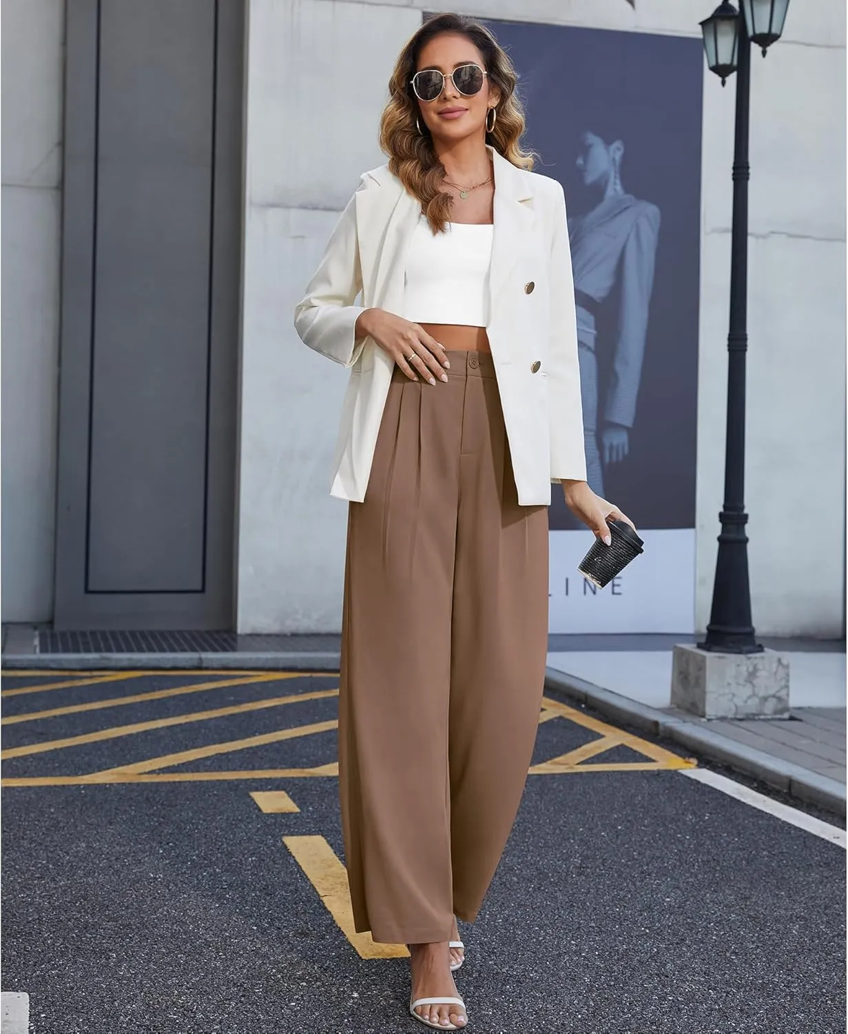 CZYINXIAN Women's Casual Business Work Wide Leg Pants Flowy High Waisted Suit Pants with Pockets