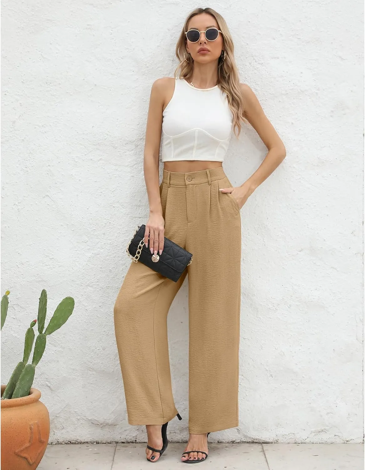 CZYINXIAN Women's Casual High Waisted Wide Leg Pants Flowy Business Work Casual Pants with Pockets