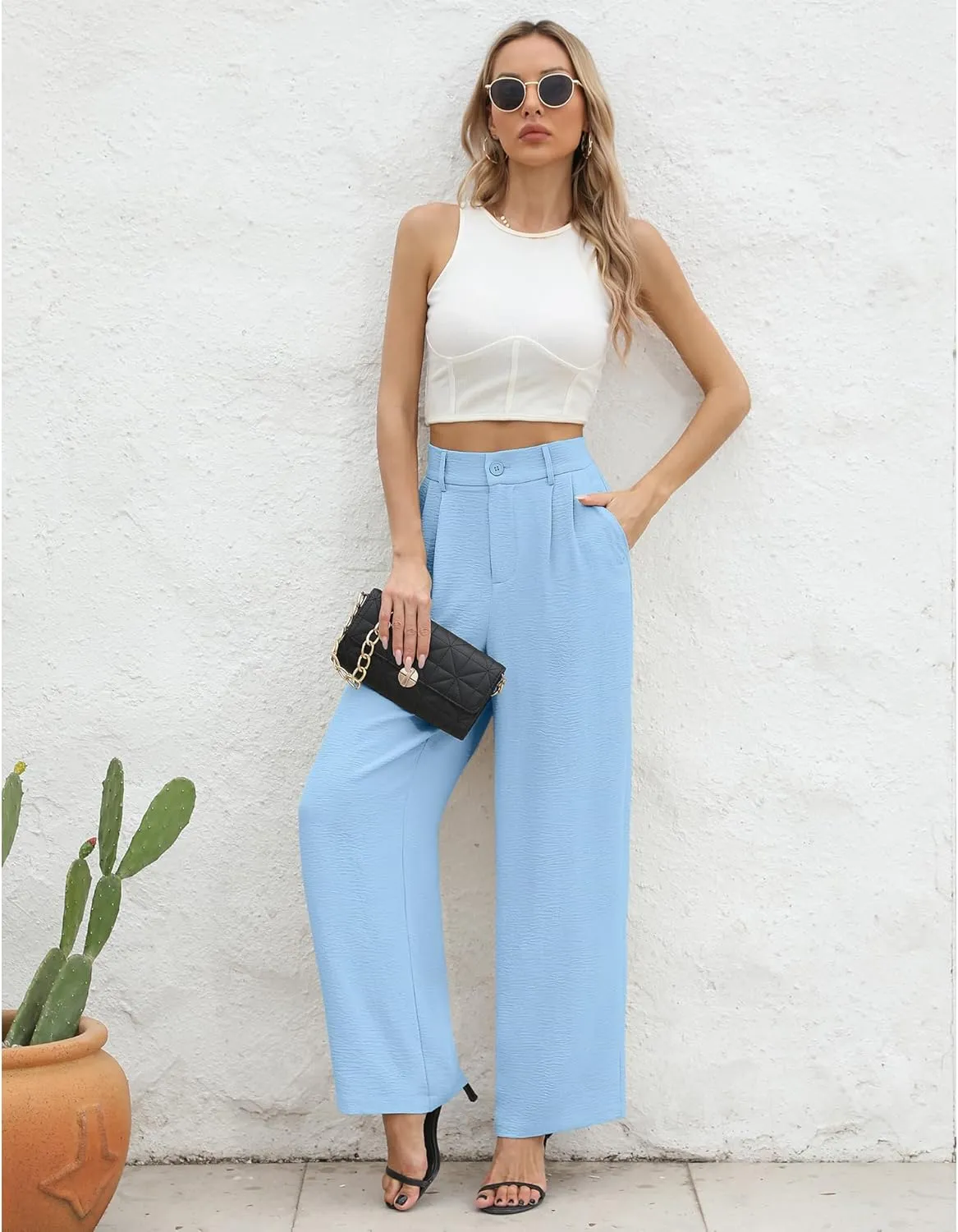 CZYINXIAN Women's Casual High Waisted Wide Leg Pants Flowy Business Work Casual Pants with Pockets