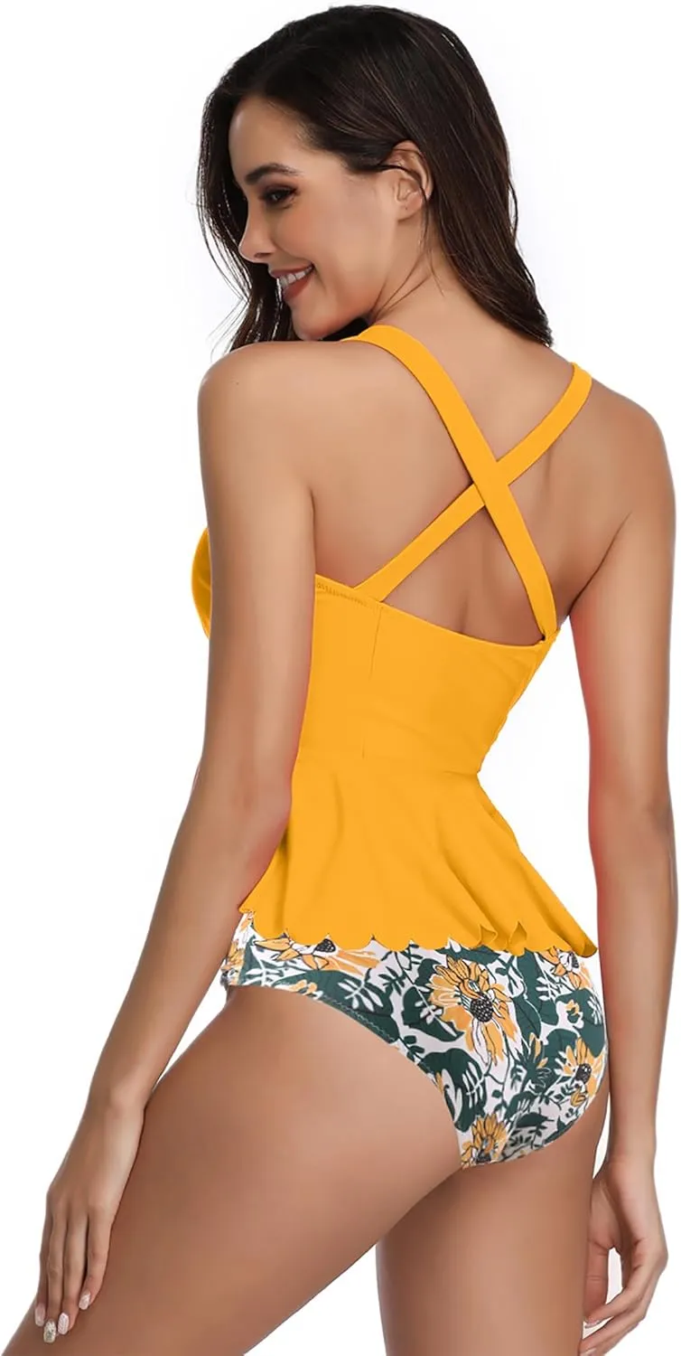DaiLiWei Plus Size Tankini Swimsuit for Women 2 Piece Tummy Control Modest Bathing Suit Full Coverage High Waisted Bikini Set