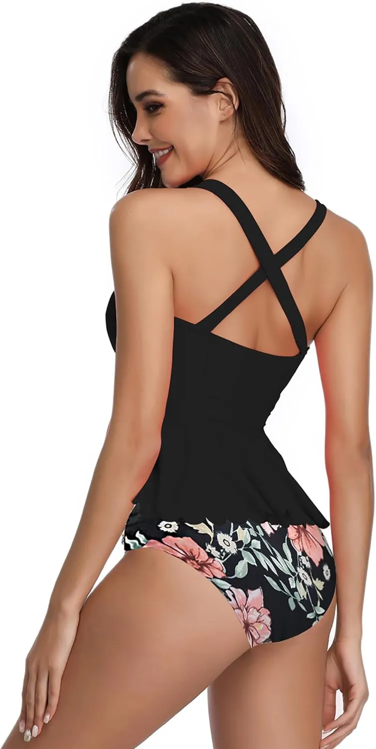 DaiLiWei Plus Size Tankini Swimsuit for Women 2 Piece Tummy Control Modest Bathing Suit Full Coverage High Waisted Bikini Set
