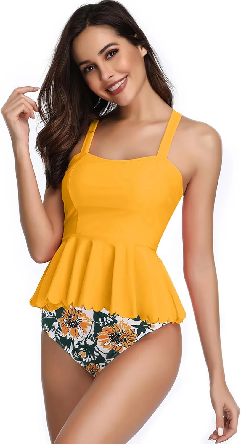 DaiLiWei Plus Size Tankini Swimsuit for Women 2 Piece Tummy Control Modest Bathing Suit Full Coverage High Waisted Bikini Set