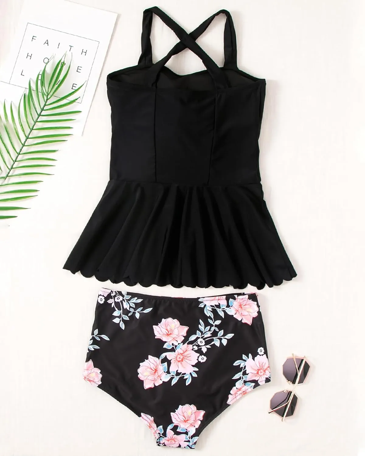 DaiLiWei Plus Size Tankini Swimsuit for Women 2 Piece Tummy Control Modest Bathing Suit Full Coverage High Waisted Bikini Set