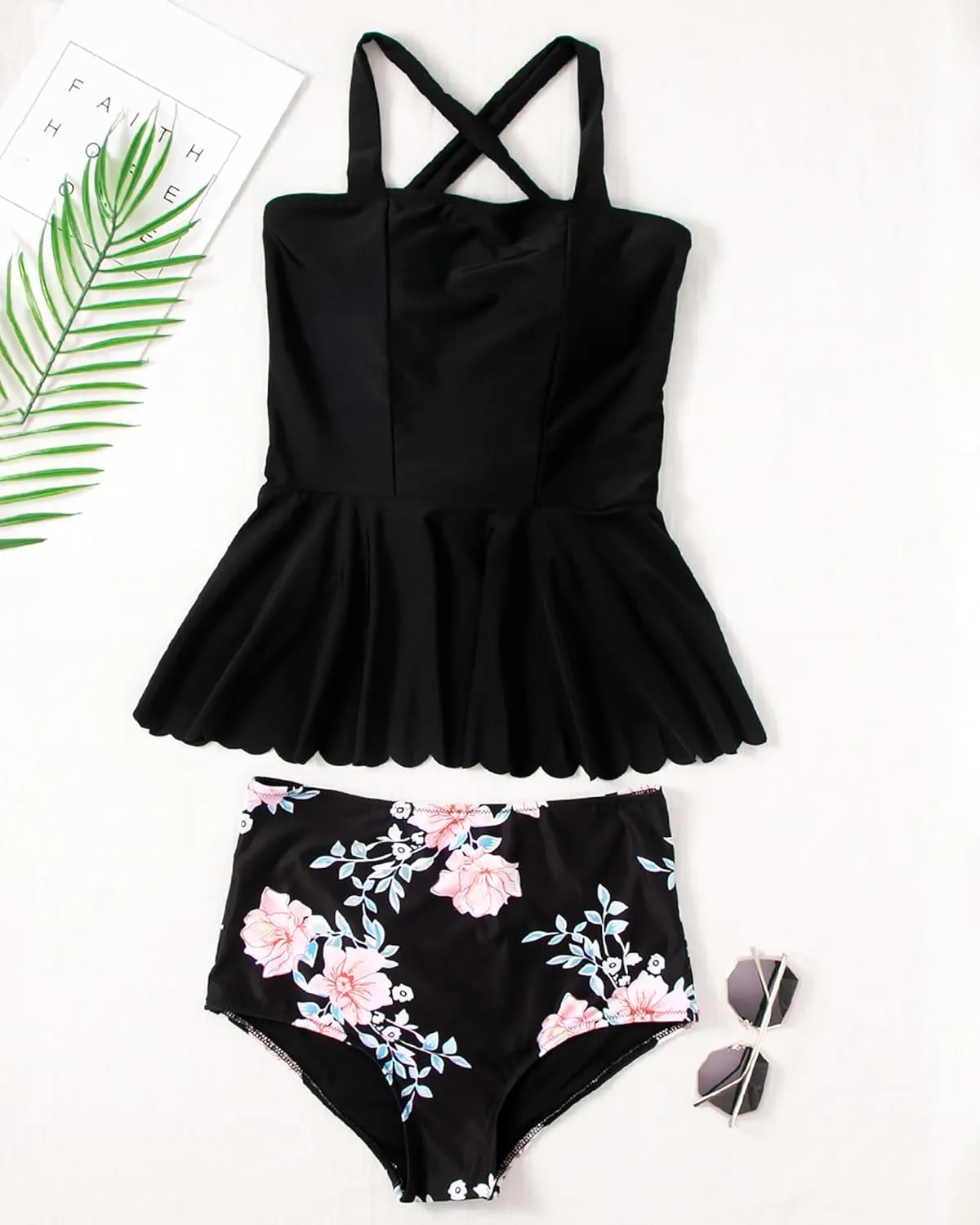 DaiLiWei Plus Size Tankini Swimsuit for Women 2 Piece Tummy Control Modest Bathing Suit Full Coverage High Waisted Bikini Set