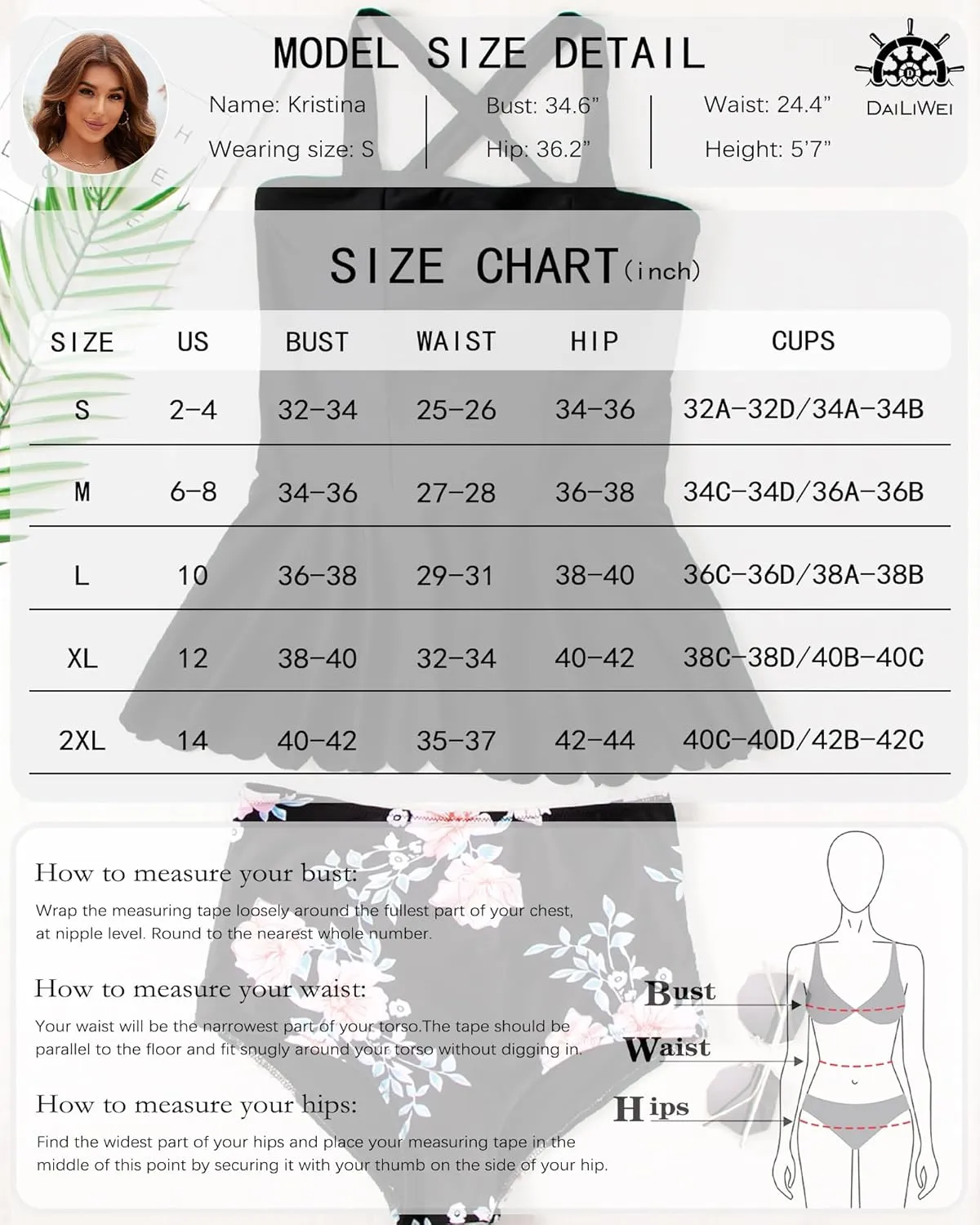 DaiLiWei Plus Size Tankini Swimsuit for Women 2 Piece Tummy Control Modest Bathing Suit Full Coverage High Waisted Bikini Set