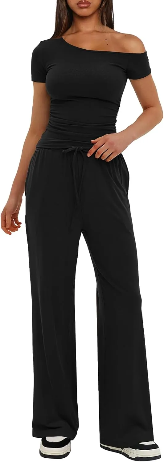 Darong Women's 2 Piece Outfits Lounge Sets Off Shoulder Short Sleeve Tops and High Waisted Wide Leg Pants Tracksuit Sets