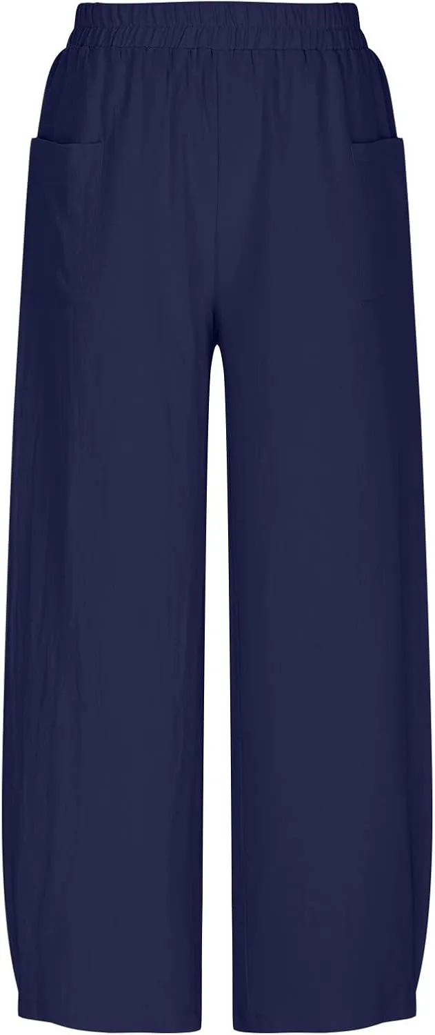 DASAYO Women's Linen Pants Summer Fashion Elastic Wasit Casual Pants with Pockets Ladies Ligghtweight Wide Leg Trousers 2025