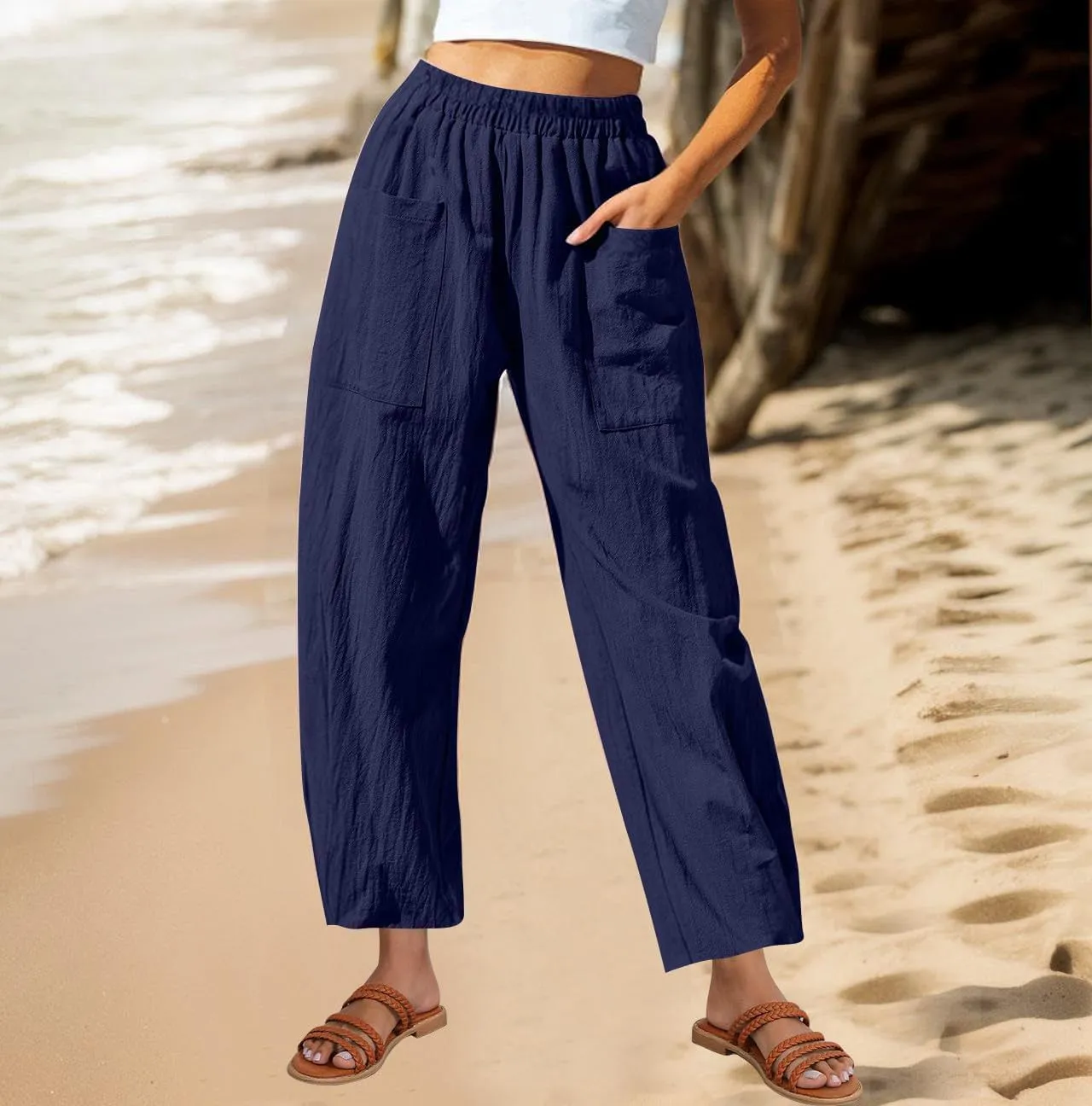 DASAYO Women's Linen Pants Summer Fashion Elastic Wasit Casual Pants with Pockets Ladies Ligghtweight Wide Leg Trousers 2025