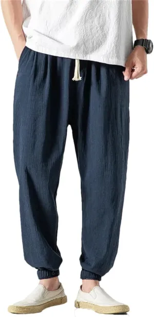 Dcvmvmn Men Cotton Linen Casual Harem Pants Man Summer Trousers Male Chinese Style Loose Pants Dark Blue