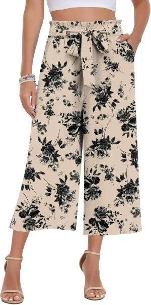 DILIUXING Womens Wide Leg Lounge Capri Pants with Pockets Lightweight High Waisted Adjustable Loose Tie Knot Trouser