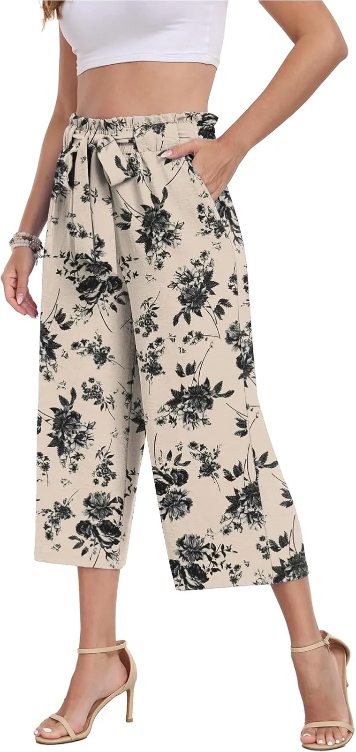 DILIUXING Womens Wide Leg Lounge Capri Pants with Pockets Lightweight High Waisted Adjustable Loose Tie Knot Trouser