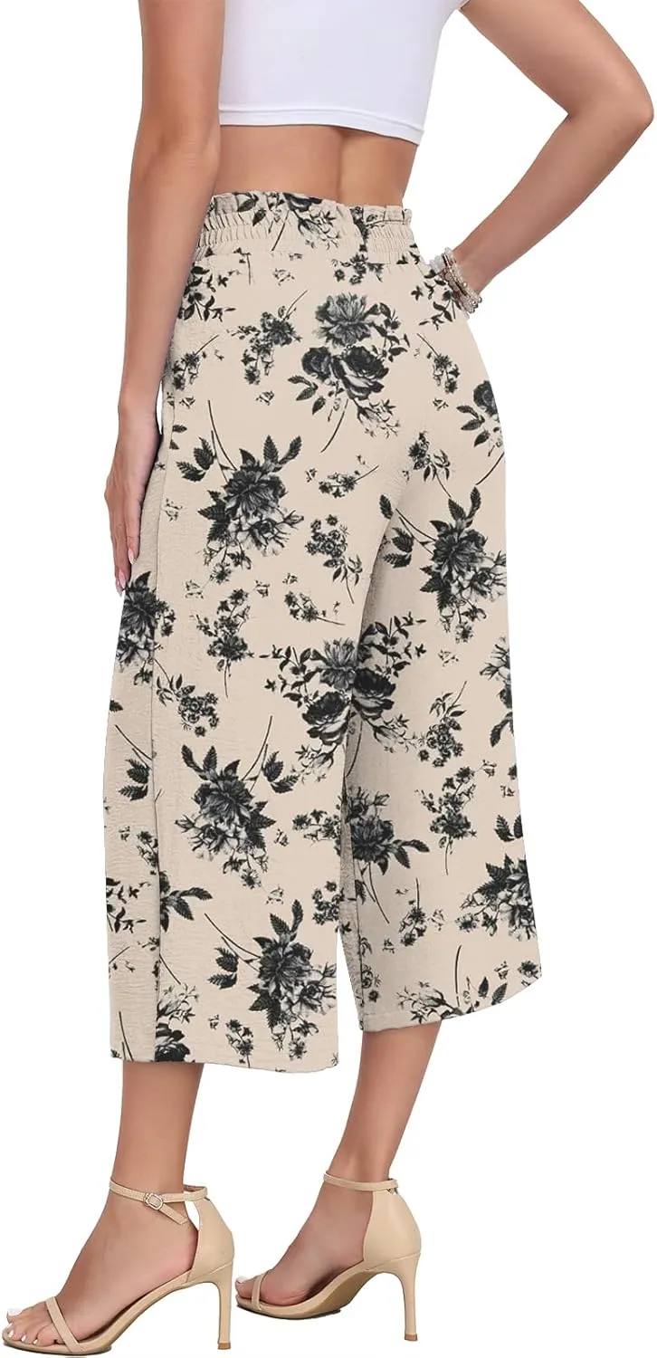 DILIUXING Womens Wide Leg Lounge Capri Pants with Pockets Lightweight High Waisted Adjustable Loose Tie Knot Trouser