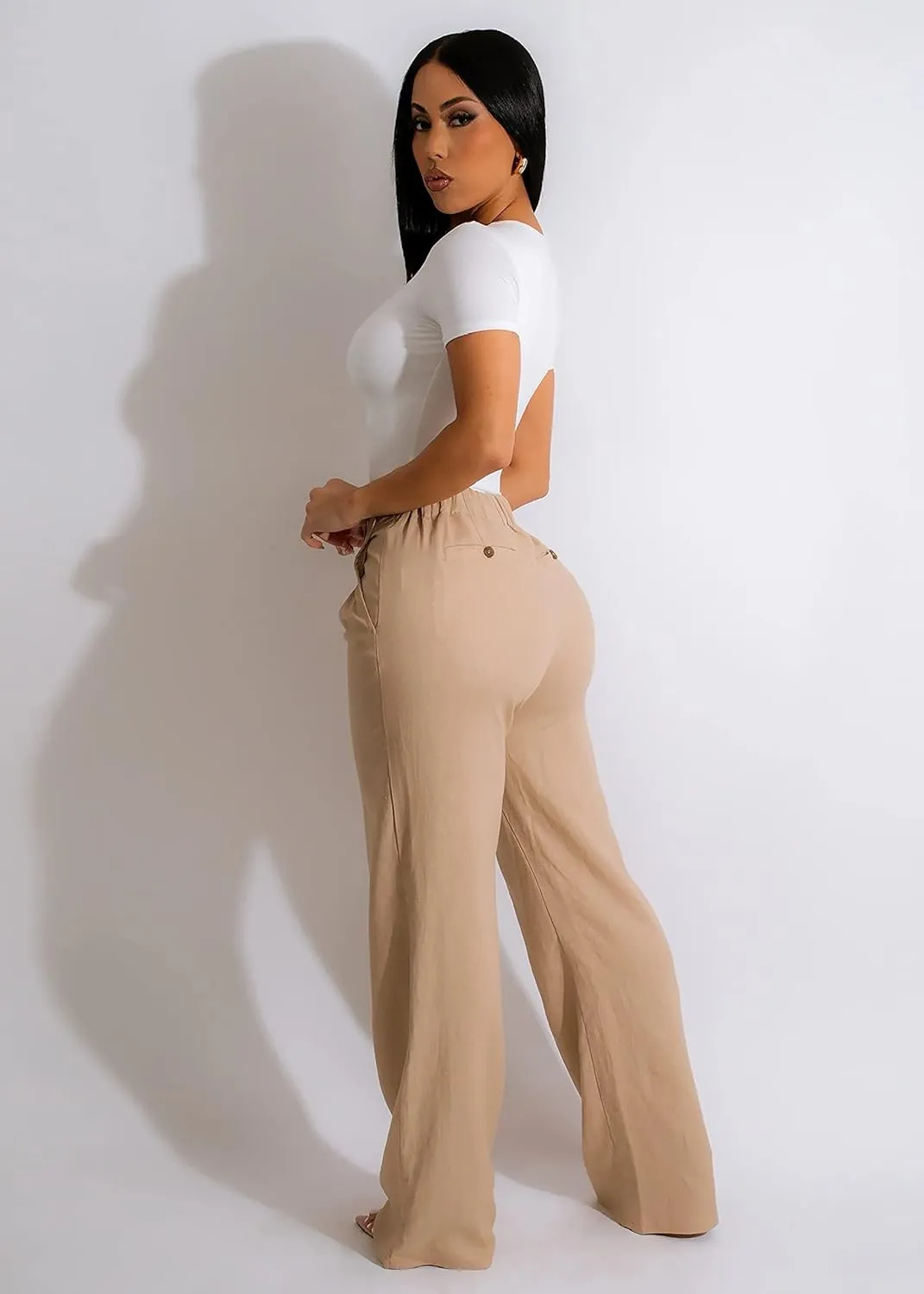 Diva Boutique High Waisted Linen Pants for Women - White Wide Leg Trousers with Pockets, Trendy Summer Casual Beach