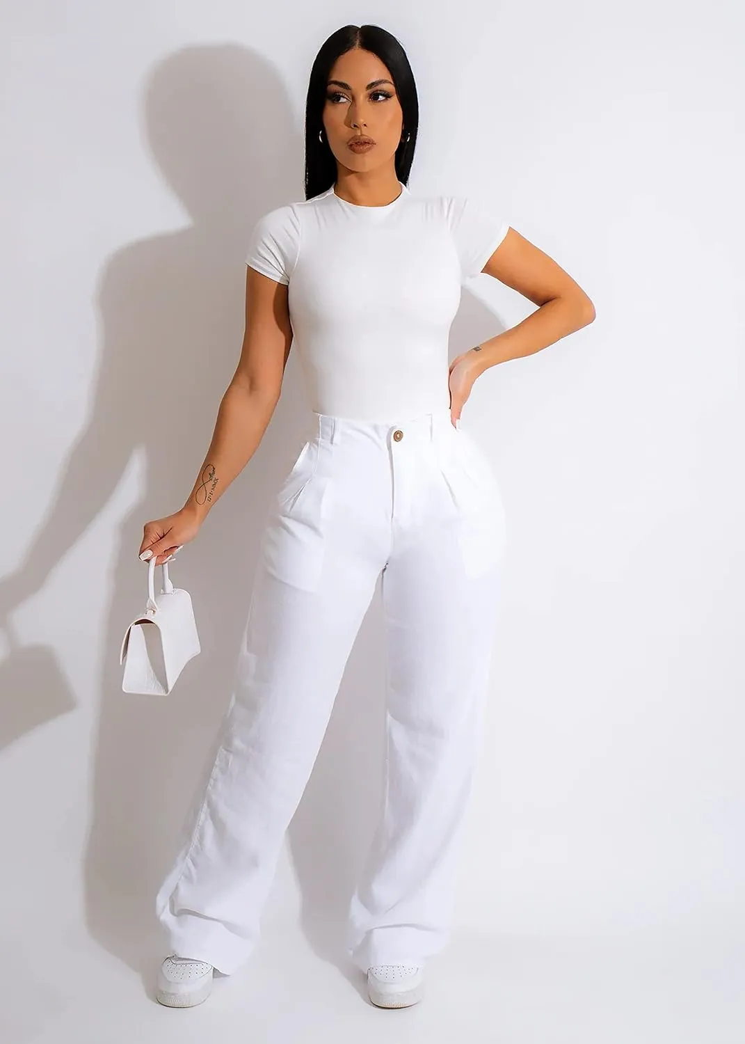 Diva Boutique High Waisted Linen Pants for Women - White Wide Leg Trousers with Pockets, Trendy Summer Casual Beach