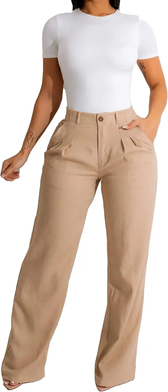 Diva Boutique High Waisted Linen Pants for Women - White Wide Leg Trousers with Pockets, Trendy Summer Casual Beach