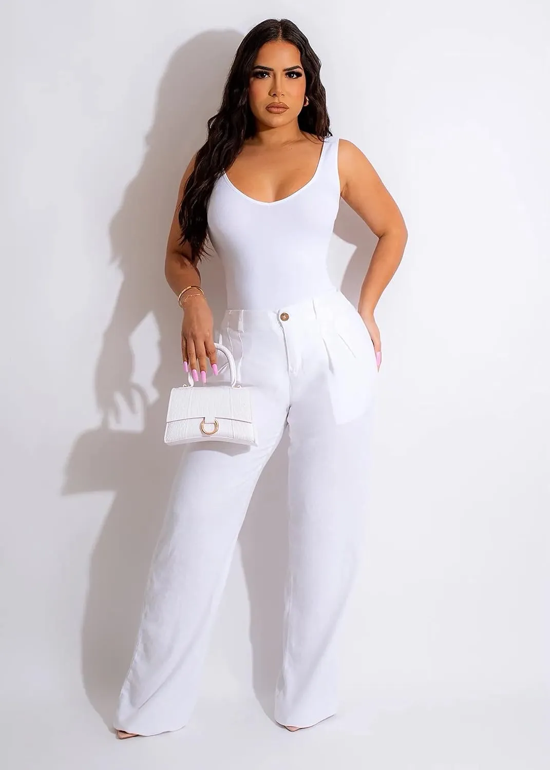 Diva Boutique High Waisted Linen Pants for Women - White Wide Leg Trousers with Pockets, Trendy Summer Casual Beach