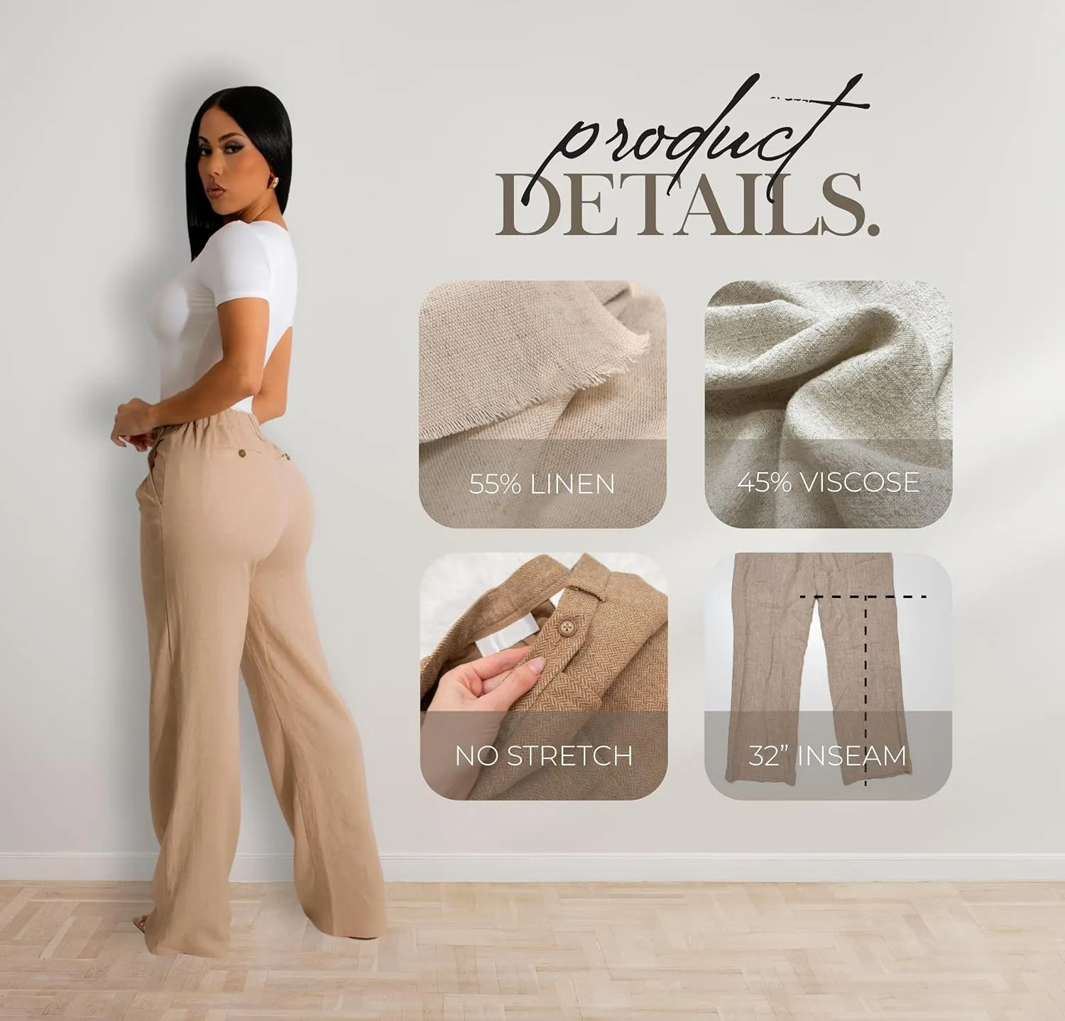 Diva Boutique High Waisted Linen Pants for Women - White Wide Leg Trousers with Pockets, Trendy Summer Casual Beach