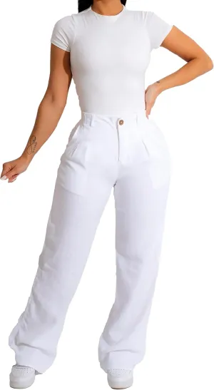 Diva Boutique High Waisted Linen Pants for Women - White Wide Leg Trousers with Pockets, Trendy Summer Casual Beach