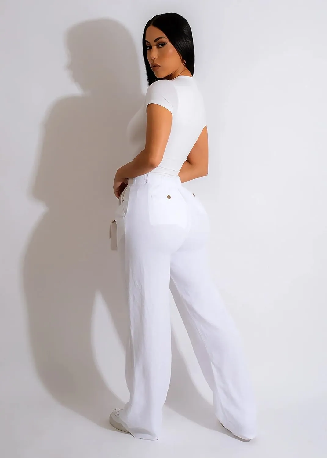 Diva Boutique High Waisted Linen Pants for Women - White Wide Leg Trousers with Pockets, Trendy Summer Casual Beach