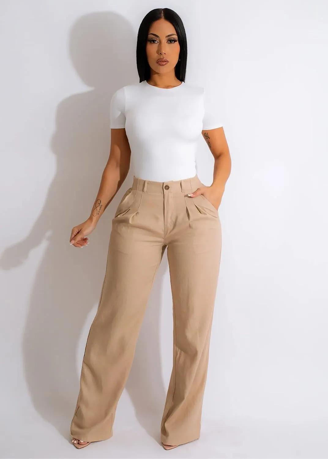 Diva Boutique High Waisted Linen Pants for Women - White Wide Leg Trousers with Pockets, Trendy Summer Casual Beach