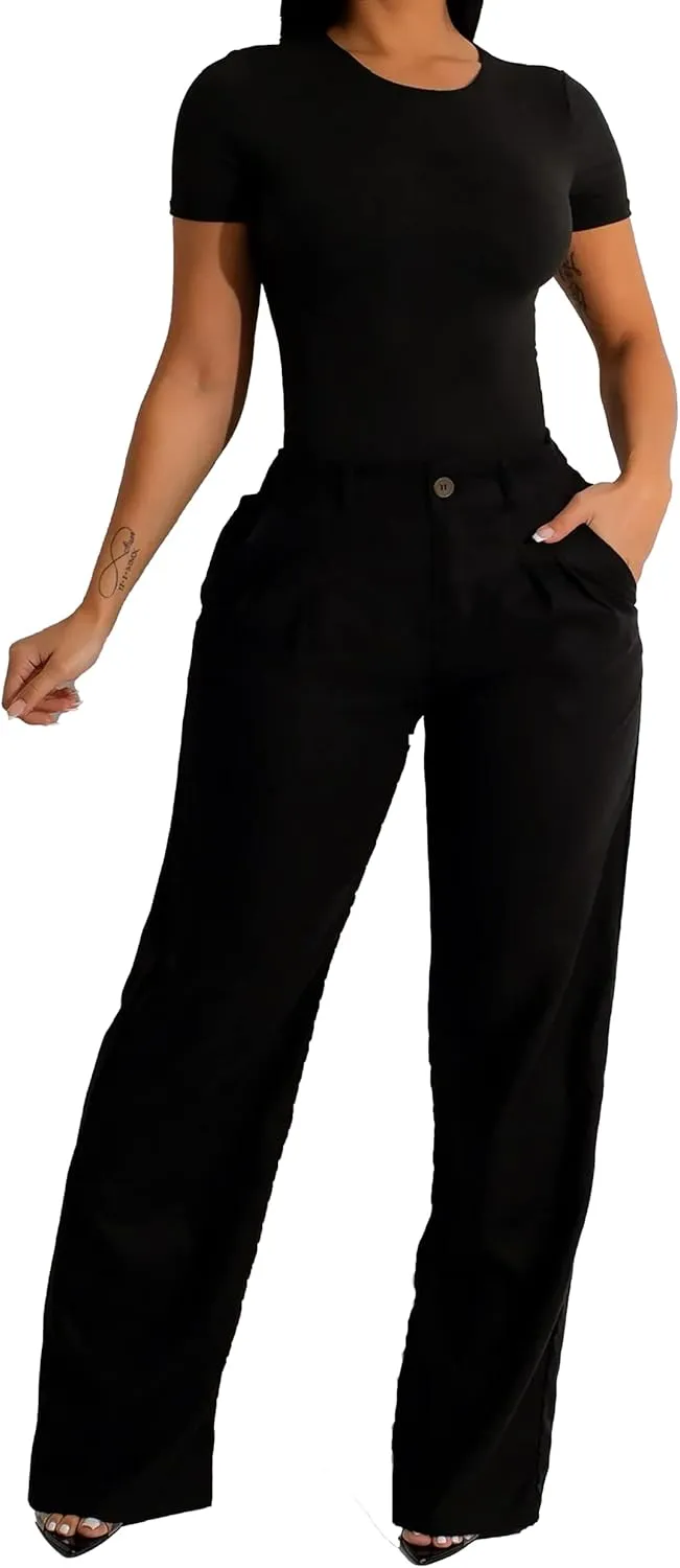 Diva Boutique High Waisted Linen Pants for Women - White Wide Leg Trousers with Pockets, Trendy Summer Casual Beach