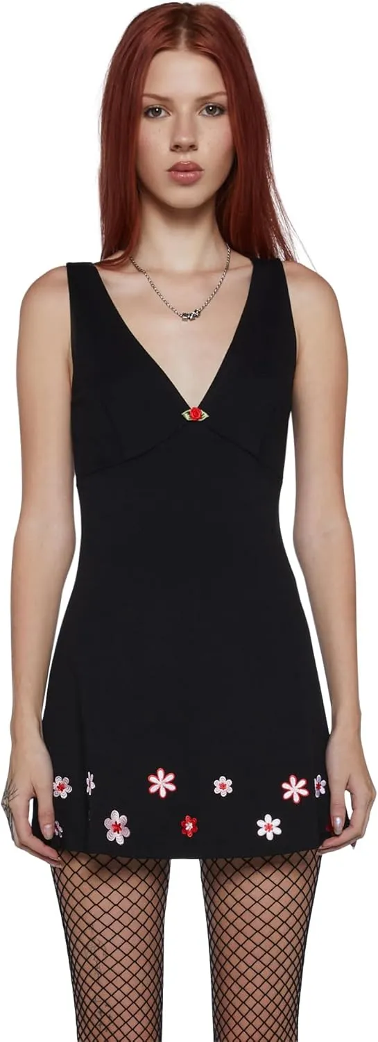 Dolls Kill So Yesterday Mini Dress  90s-Inspired V-Neck Dress with Rosette and Embroidery by dELiAs