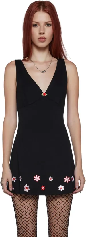 Dolls Kill So Yesterday Mini Dress  90s-Inspired V-Neck Dress with Rosette and Embroidery by dELiAs