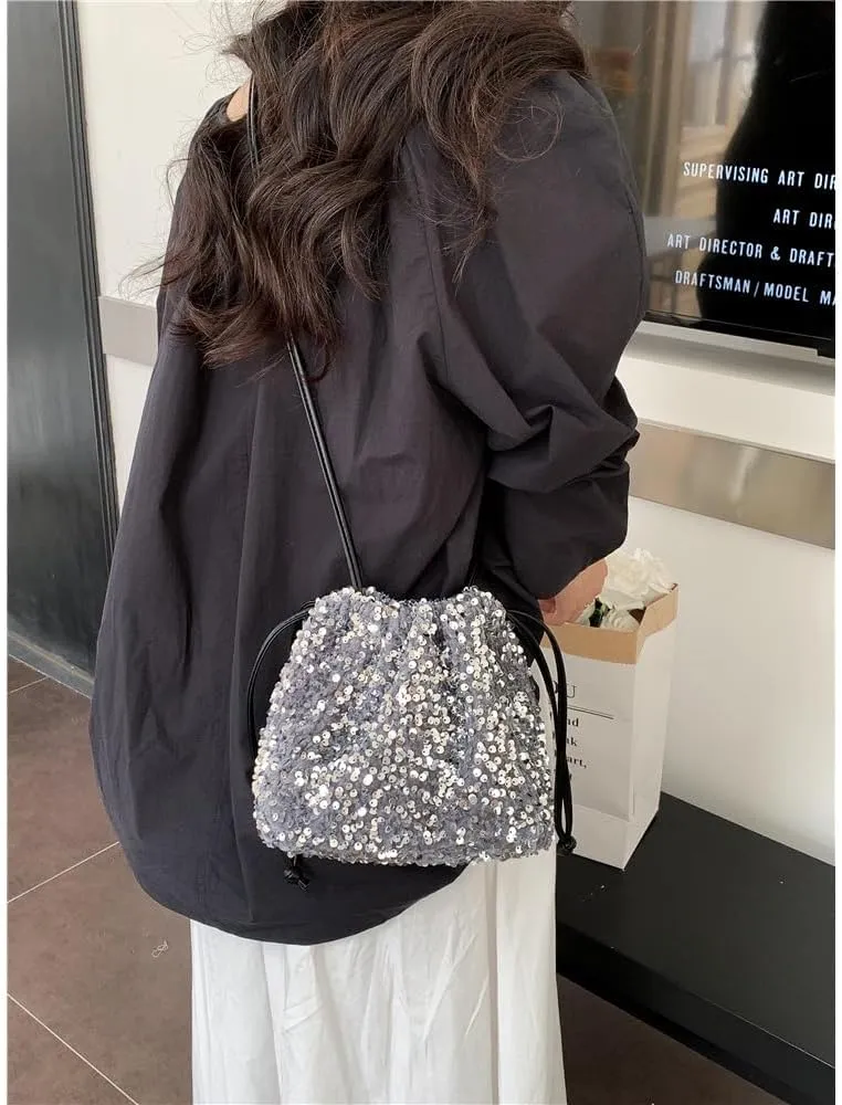 Drawstring Women Crossbody for Women Sequines Bucket Small Shoulder Fashion Purse