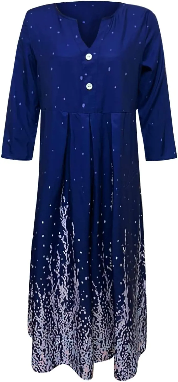 Dresses for Women 2024,Sexy V Neck Elegant Print Button Down Half Sleeve Plus Size Loose Smocked Summer midi Dress