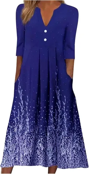 Dresses for Women 2024,Sexy V Neck Elegant Print Button Down Half Sleeve Plus Size Loose Smocked Summer midi Dress