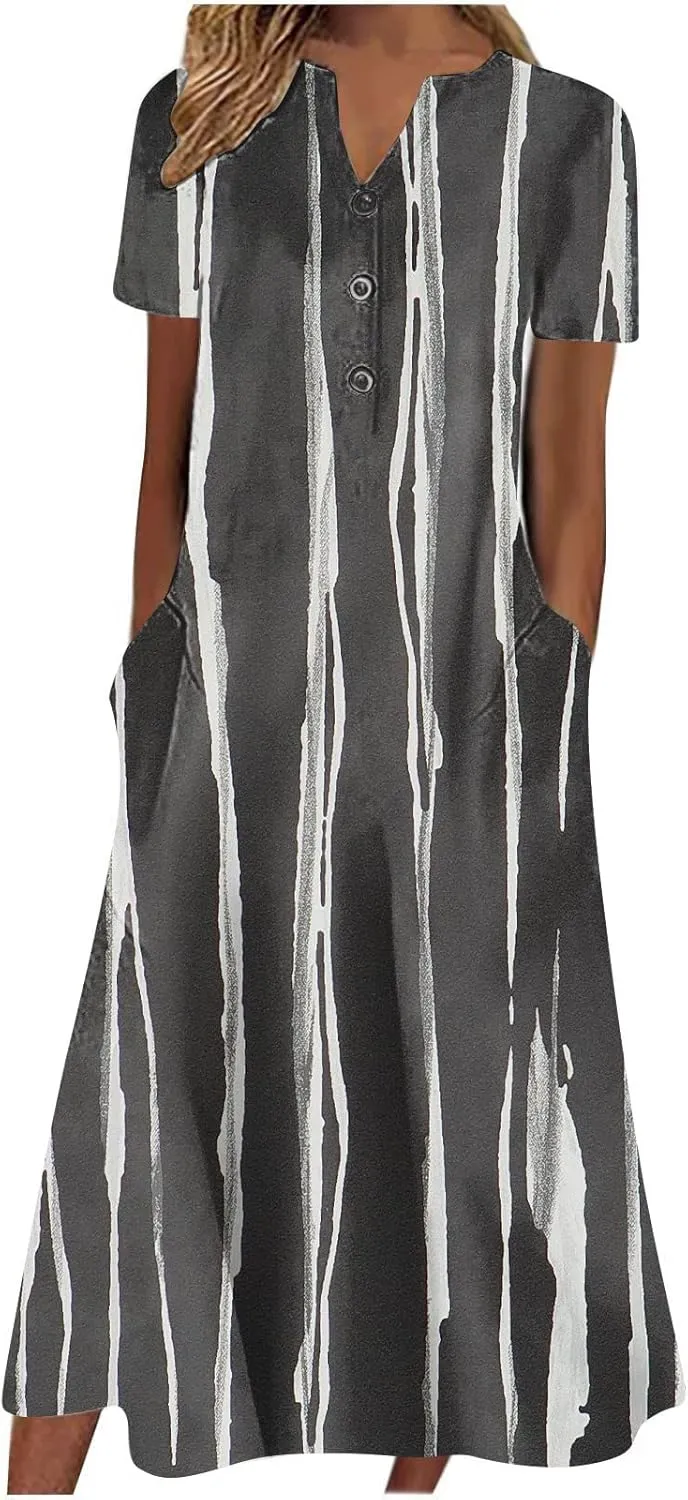 Dresses for Women 2025 Floral Printed Button Down Long Dress Half Sleeve Pocket Beach Dress V Neck Trendy Dresses