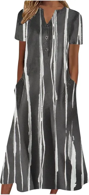 Dresses for Women 2025 Floral Printed Button Down Long Dress Half Sleeve Pocket Beach Dress V Neck Trendy Dresses