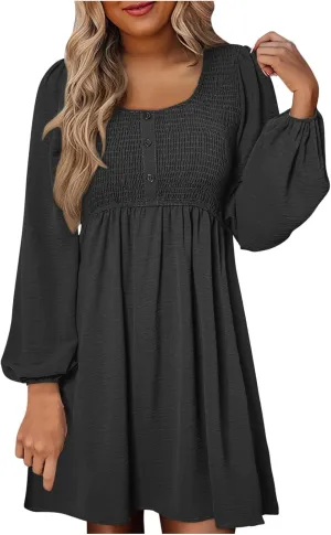 Dresses for Women Casual Fall Long Sleeve Smocked Scoop Neck Button Up Dress Empire Waist Pleated A-Line Mini Dresses