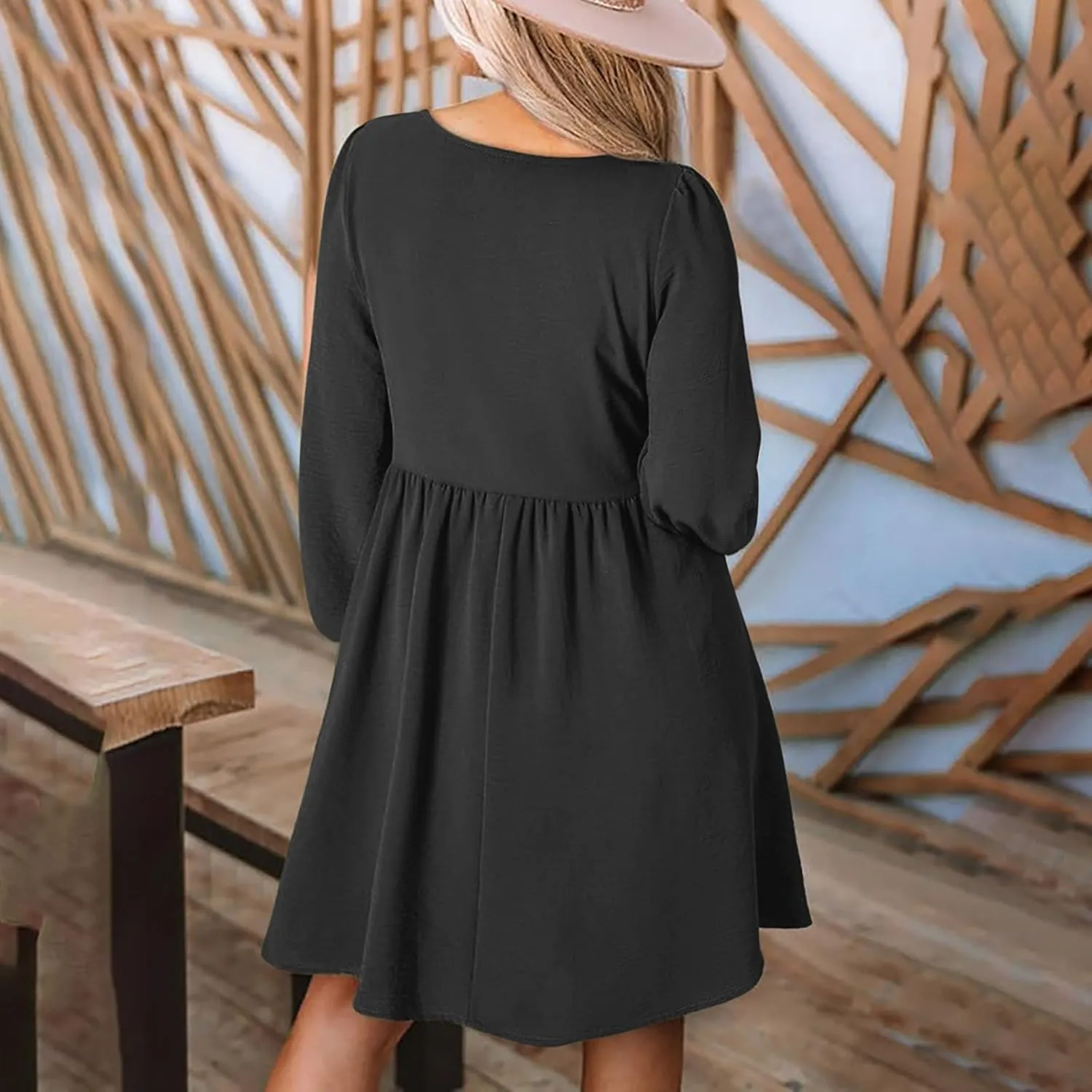 Dresses for Women Casual Fall Long Sleeve Smocked Scoop Neck Button Up Dress Empire Waist Pleated A-Line Mini Dresses