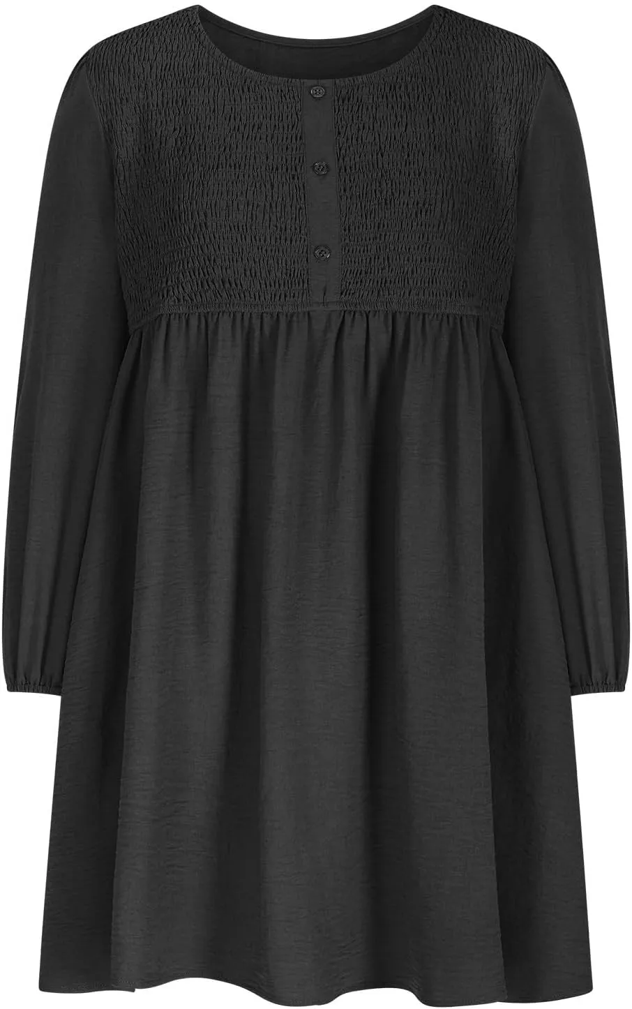 Dresses for Women Casual Fall Long Sleeve Smocked Scoop Neck Button Up Dress Empire Waist Pleated A-Line Mini Dresses